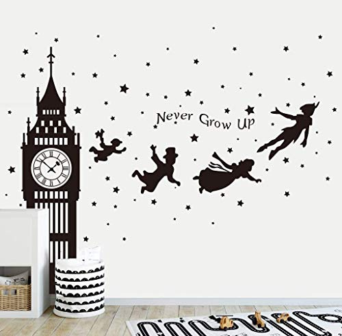 Runtoo Peter Pan väggdekaler Big Ben klocka aldrig växa upp citat stjärnor väggklistermärken baby barnkammare rum barn sovrum väggdekor [svart]
