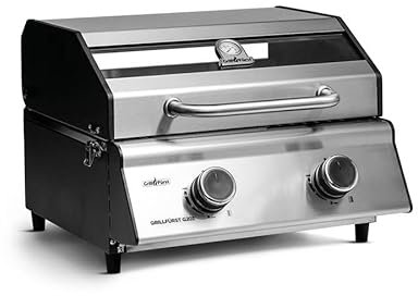 Grillfürst Camping Gasgrill G201E - 2-Brenner Edelstahl Balkon Gasgrill mit Sichtscheibe, Kleiner Outdoor Tisch-Gasgrill, doppelwandiger Gas Griller mit Druckregler