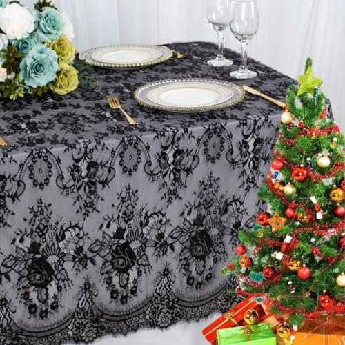 ShinyBeauty Schwarze Spitzentischdecke, 152,4 x 308,5 cm, Leinen-Tischdecke, weiße Blumenspitze, Partyzubehör, Hochzeitstischdecken, weißer Spitzenstoff, Outdoor-Tischdecke