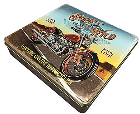 Scatola rettangolare in latta con scritta Born to be wild in look retrò, scatola per biscotti, scatola decorativa, circa 23 x 21.5 x 4 cm, volume: 1,9 L