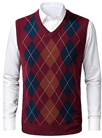 Btmpmcs Herr Argyle tröja väst vardaglig v-ringad ärmlös jumper gentleman stickad slipover affärer stickat tröja linne ull väst golf västar pullover, Vinrött, S