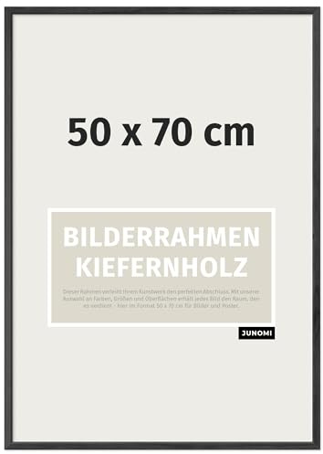 JUNOMI® Bilderrahmen 50x70 cm Holz | Farbe Schwarz | Posterrahmen | Kiefernholz mit bruchsicherem Acrylglas, Profilbreite 1,3 cm, Hoch- und Querformat, aufhängefertig zum Wechseln