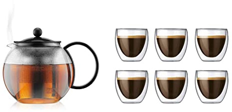 Bodum - 1805-01 - Assam - Théière à Piston en verre - Filtre inox - 1.0 L - Noir & 4557-10-12 - Pavina - Coffret de 6 Verres Double Paroi - 0.08 l