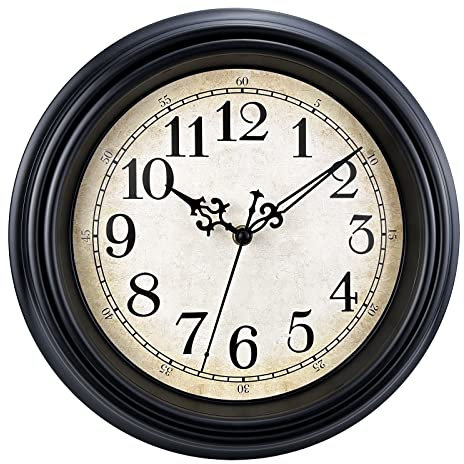 Plumeet Wanduhr Klassisch 25cm Ruhige Retro Wanduhr ohne Tickgeräusche für Wohnzimmer - Schlafzimmer - Batteriebetrieben (Schwarz)