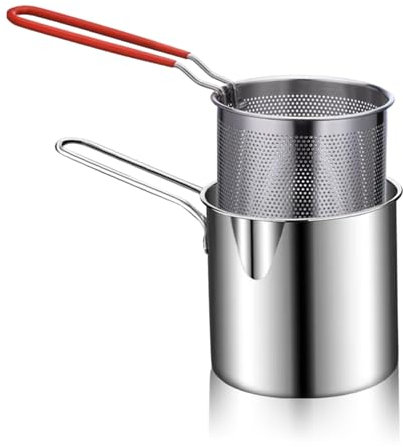 Olla Pequeña para Freidora con Cesta, Mini Freidora de Aceite Profundo, Dispositivos de Acero Inoxidable 304 con Mango de Silicona Antiescaldado, Olla para Freidora para el Hogar