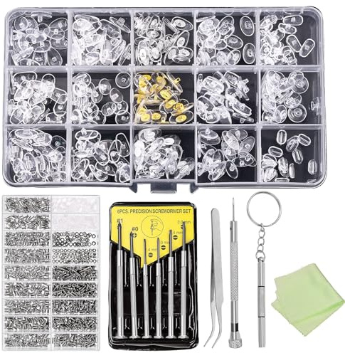 Swpeet Kit de réparation de lunettes de vue 1310 pièces comprenant plaquettes de nez, tournevis de précision, vis, pince à épiler, chiffon de nettoyage pour lunettes, lunettes de soleil, montre
