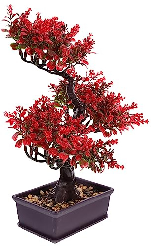 SEWACC Artificial Bonsai Tree, Plastic Fake Bonsai Red Tree Faux Potted Plant for Home Bedroom Office Desk Farmhouse Room Decor