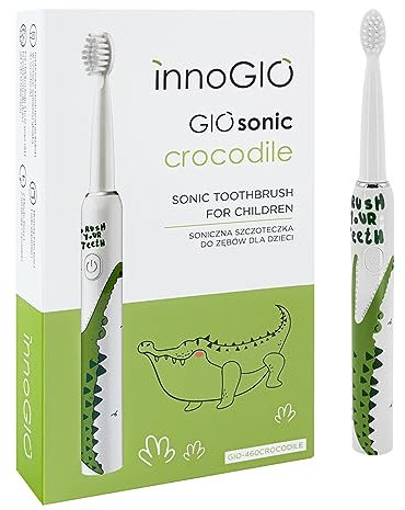 innoGIO Cepillo de Dientes Eléctrico Infantil GIOsonic Crocodile - Recargable USB Inlcuido, Mango Silicona, 3 Modos, Temporizador 2 min, Apto Niños entre 3 y 12 años, Verde (4 Cabezales Incluidos)