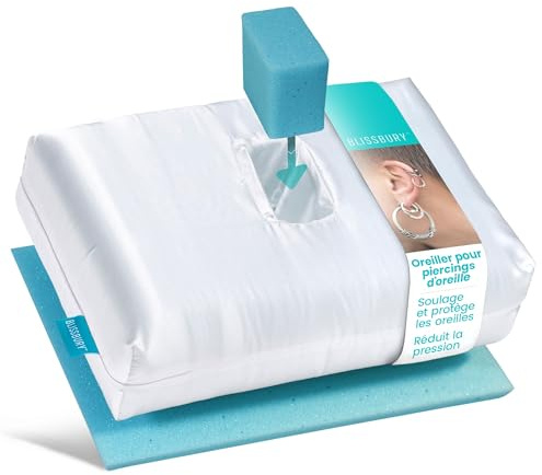 BLISSBURY Coussin Piercing Oreille Format Compact – Oreiller mémoire de Forme avec Trou, réglable, Voyage, soulage Oreille Sensible & CNH, Housse Satin Anti-accroche