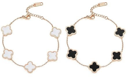 XOPOZON 2PCS Four-Leaf Clover Bracelet, Lucky Symbol, Women's Titanium Steel Bracelet, Exquisite Enamel Jewelry, Simple Design Style, Jewelry Suitable for Girls and Ladies (Black+White)