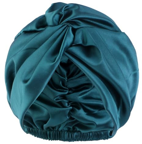 100% Maulbeerseide Frauen Nachtmütze,Schlafmütze Seide Duschhaube Gut für das Haar, Weiche Silk Bonnet Seidenhaube,Verstellbare Doppelschichten Motorhaube,Haarpflege Kopfhaube26×23cm(Dunkelgrün)
