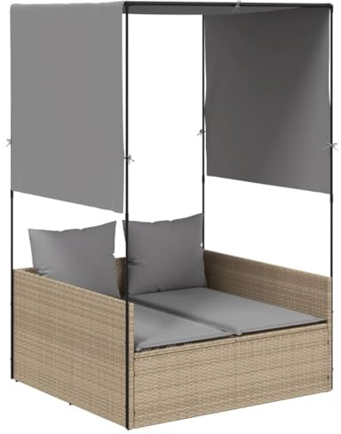 vidaXL Doppel-Sonnenliege mit Dach und Vorhängen Beige Poly Rattan