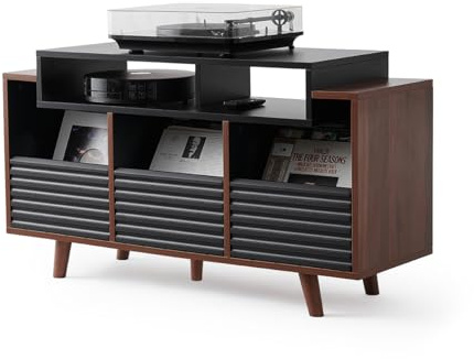 NorStone Meuble Platine vinyle OSLO 1200 – Rangement vinyle – Electroniques Hifi – 3 tiroirs de rangement – Finition Noir/Noyer - 120 x 64,3 x 40 cm