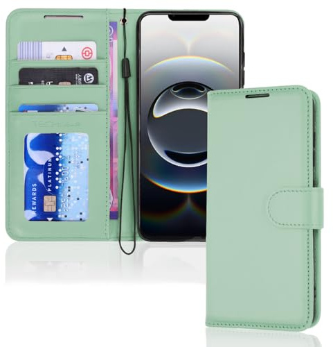 TECHGEAR iPhone 16e / 17e Leather Wallet Case with RFID Blocking, Flip Cover Card Holder, Stand & Wrist Strap - Magnetic Closure Mint Green PU Leather Protective Cover for iPhone 17e / 16e