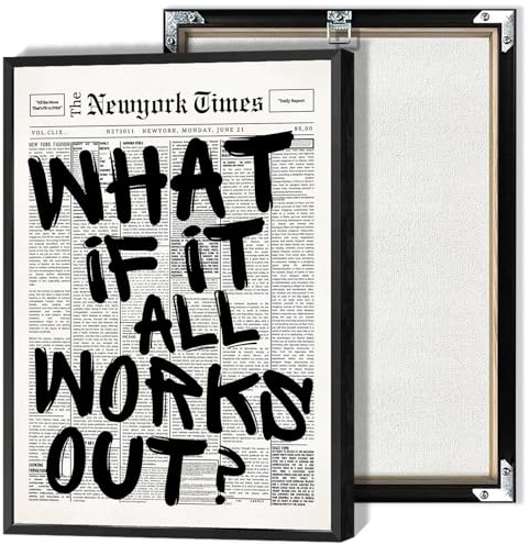 Retro Black And White Newspaper Poster What If It All Works Out Canvas Wall Art Positive Affirming Quote Minimalist Prints Painting For Home Bedroom Dorm Wall Decor 8x12in Framed