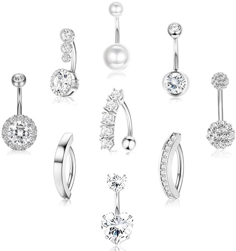 9PCS Belly Button Bars, Stainless Steel Belly Button Piercing Jewelry for Women, Silver Hypoallergenic Barbell Navel Bars Piercing Jewellery Fashion Navel Rings for Casual Wear and Beach Swimwear