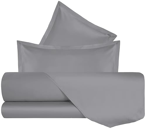 Mahome Set Lenzuola Matrimoniale Pregiato Raso di Cotone 100% 300 fili (TC) Artigianale - Lenzuolo con Angoli 180x200x27cm, Lenzuolo Sopra 260x300cm, 2 Federe con Volant - Made in Italy – Grigio