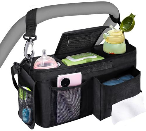 Pram Organiser Bag, Pushchair Organiser Bag with Cup Holders, Buggy Organiser with Large Capacity for Baby Essentials, Fits for Universal Strollers