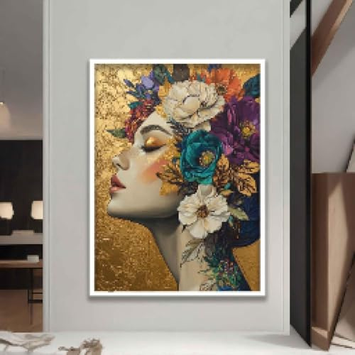 LMYCHENG Posterdruck mit Blumenkopf, Frauengesicht, Porträt, Kunstbilder, für Wohnzimmer, Wanddekoration, Gemälde, Kunstwerk, 60 x 80 cm, Rahmen