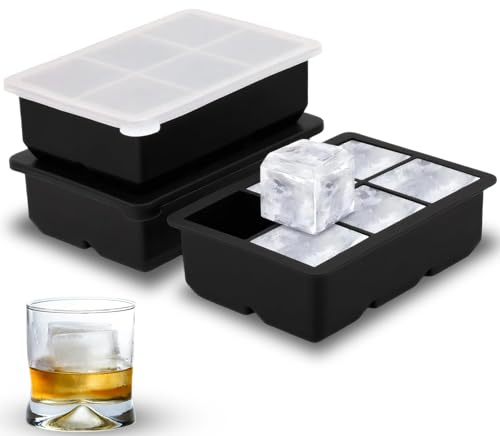 3 Pcs Large Ice Cube Moulds, 6 Grids Silicone Ice Cube Trays with Lids | 2 inch Big Cube Ice Trays, Stackable Ice Mould for Whiskey Cocktails Juice Coffee