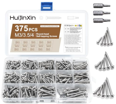 375 tornillos autorroscantes, acero inoxidable, juego de tornillos Torx de cabeza redonda, M3 M3,5 M4, cabeza alomada para madera (cabeza redonda)