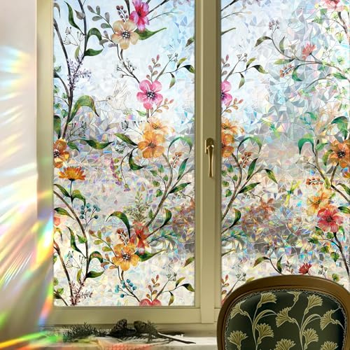 DARUITE Fönsterfilm, färgglad, fönsterfilm, ogenomskinlig med blommönster, elektrostatisk, icke-klibbig, UV-beständig, insynsskydd, fönster för hem, kontor 60 x 200 cm