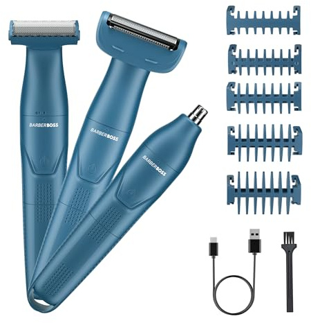 BarberBoss Recortadora precisión 3 en 1 para hombre, kit cuidado personal para barba y cabello, recortadora corporal, recortadora de nariz y orejas, afeitadora inalámbrica para hombre (Azul)