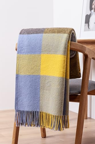 Drobė HOME Wolldecke aus 100% Reine Neuseeländischer Wolle, 140x200cm, Blau/Gelb I Weicher, Karierte Plaid Decke aus Schurwolle mit Fransen I Perfekt als Überwurf Sofadecke, Tagesdecke