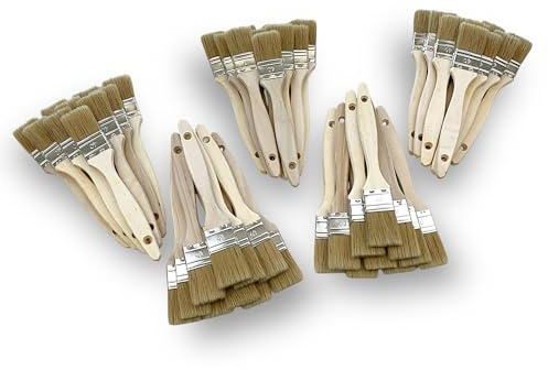 Lot de 50 pinceaux Queue de morue 40 mm | Soie Blanche Naturelle | Manche Bois Brut | Pinceaux Plats Multi-Supports | Peinture Huile, Acrylique, Vernis, lasure, Colle | Kibros 320_40x50