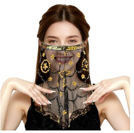 Velo facial para danza del vientre con cuentas velo Tribal para Danza del Vientre con Borlas y Lentejuelas Velo Facial para Danza del Vientre para Mujer Accesorio de disfraces de Carnaval (Negro)