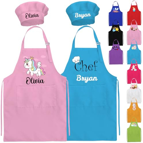 NEVAOU Personalisierte Kinderschürze und Kochmütze Set, Geschenk für Mädchen und Jungen, individuelle Kinderschürze mit Namen, verstellbare Küchen-Koch-Kinderschürzen, Farbe Rose