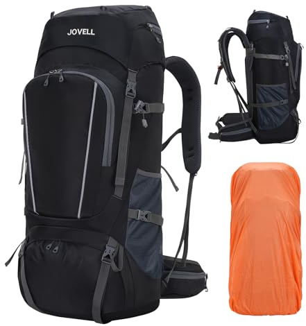JOVELL 70L Zaino da Escursionismo con Copripioggia, Pacchetto da Viaggio e Campeggio per Sport all'Aria Aperta, Arrampicata, Touring ed Escursionismo, Bagaglio da Zaino per Uomini e Donne (Nero)