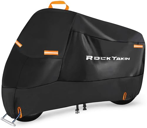 ROCKTAKIN 300D Heavy Duty Motorcycle Cover, Waterproof All Season Outdoor Protection with 4 Reflective Strips & Lock Holes, Fits Most Cruisers, Touring Bikes and Scooters up to 86