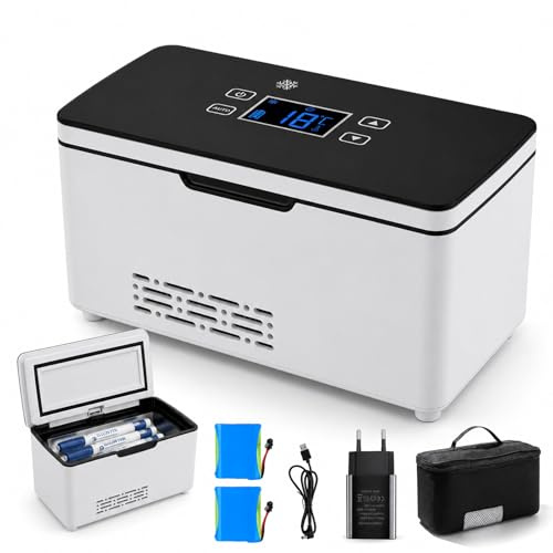Frigorifero portatile elettrico per insulina con due batteria ricaricabile, mini refrigeratore per farmaci, insulina e peptidi, display a LED, temperatura regolabile da 0 a 18 °C, casa, viaggi e auto