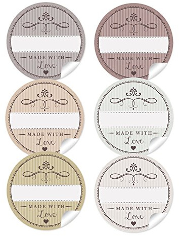 24 Edle Etiketten Sticker Aufkleber Küche zum selbst beschreiben - mit Freitextfeld - Made with Love - A4 Bogen Papieraufkleber 4 cm, rund, matt