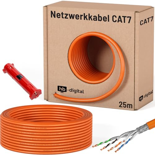 hb-digital 25m Cable de red CAT.7 Cable de instalación LAN AWG 23 Cobre puro S/FTP PiMF LSZH Ethernet que cumple con RoHS Cable de datos PoE 10Gbit/s máx. 1000MHz Naranja + Pelacables