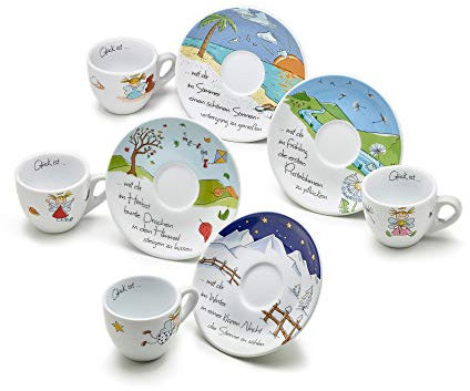 Heaven and Angels Espressotassen Set dickwandig; 4er–Set; Art Collection Design Vier Jahreszeiten; Glücksengel Schutzengel Geschenkidee von heavenandangels; italienische Esspresso Engel-Tasse bunt
