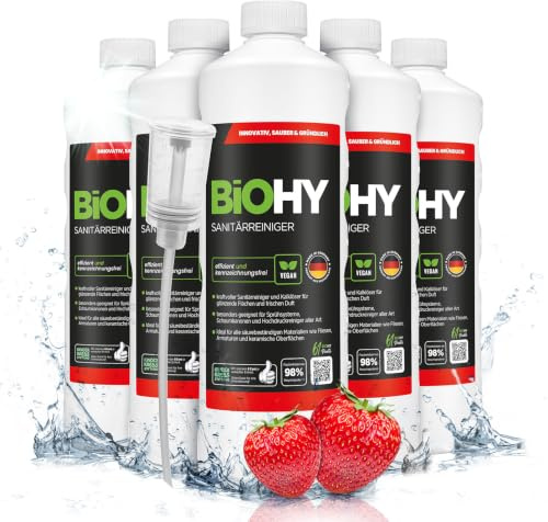BiOHY Sanitetsrengörare (6 x 1l flaska) + doser | Kalknedbrytande koncentrat för sanitetsområdet | Badrumsrengöring med en behaglig och fräsch doft | EXTRA STARK (Sanitärreiniger)