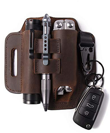 Gentlestache Multitool Belt Sheath, EDC Leather Belt Organizer, Flashlight Holder, Pen Holder and Keychain Clip, Practical EDC Pouch for Men Dark Brown