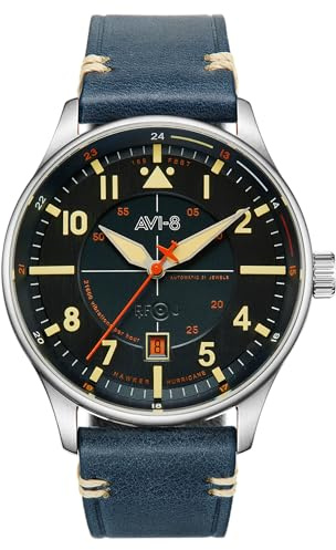 AVI-8 Herren 43mm Hawker Hurricane Kent Automatik Fliegeruhr mit Leder- oder Edelstahlband AV-4094