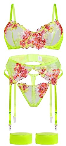 Aranmei Sexy Lingerie for Women Sets 4 Piece Lingerie Set with Floral Embroidered Lace Sheer Underwire Bra with G-String Thigh Bands with Garter Belt, Fluorescent Green XL