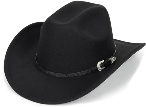 Cappello da Cowboy e Cowgirl Classico in Feltro Nero Occidentale con Falda Arrotolabile per Donne e Uomini - Decorazione con Fibbia della Cintura Occidentale, Nero-a, 7-7 1/4
