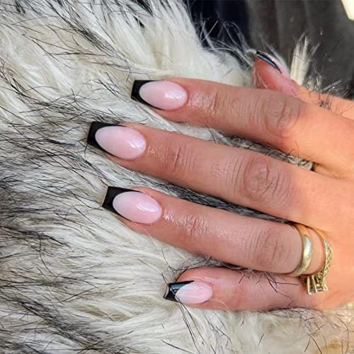JUSTOTRY 24 Pcs Black French Press on Nails Medium Designs,Pink False Nails Coffin,Pretty Stick on Nails for Women and Teens,Glossy Ballarina Fake Nails Long for Girls Nails Art