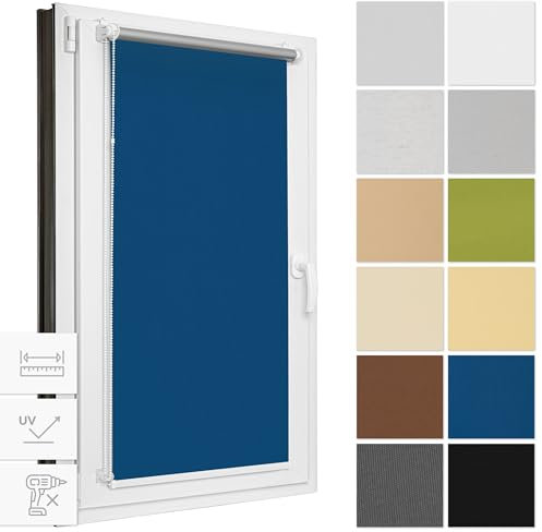 Estika Verdunklungsrollo ohne Bohren, Breite alle 1 cm - 108 cm x 120 cm - Blau - Thermorollo, Rollos für Fenster ohne Bohren, Sonnenschutz Fenster innen