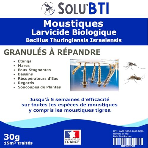SOLUBTI - Anti Moustiques - 30 gr de Larvicide BIOLOGIQUE- BTI - Bacillus Thuringiensis - pour traiter 15 m² - Produit FRANCAIS - Efficace même sur les larves du moustique tigre !!!