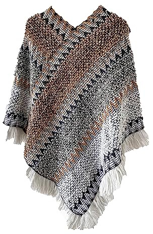 Generico Giacca in Lana Cotta Donna Nationl Stampa Colorato Splice Poncho Con Nappe Scialle Lavorato A Maglia Sciarpa Con Frange Involucri Pashmine Maglione Pullover Regali Per Le (White, One Size)