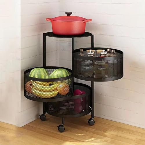 Suixtil Cesta de Frutas y Verduras, Estante de Almacenamiento Giratorio de 3 Niveles con Tapa de Metal, Torre de Almacenamiento de Alambre, Organizador de Estante con Ruedas