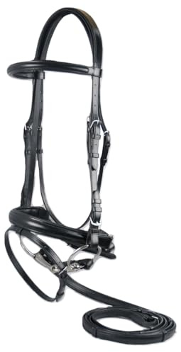 Leather Bridle English Headstall Reins Cowhide Genuine Horse Crossover Crossunder Raised Fancy Stitched Laced All Purpose Jumping Dressage Rubber Crystal Padded Adjustable Browband Full-Cob,M79 (Full)