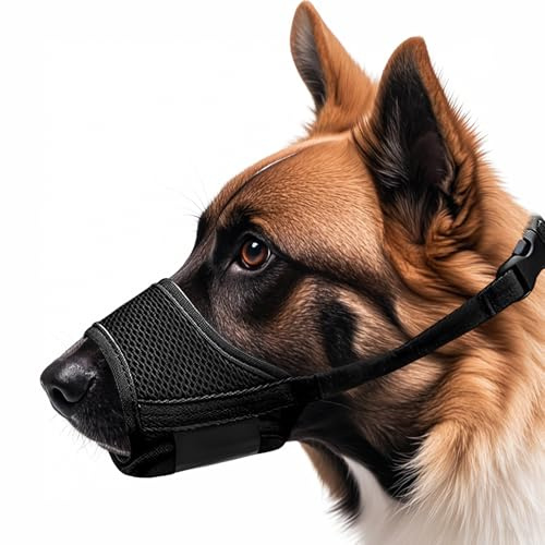 LATRAT Museliere pour Chiens, Muselière en Nylon Réglable, Souple Boucle Maille Tissu, Respirante, empêche de Manger, de Mordre et de AboieMent, Noir XL