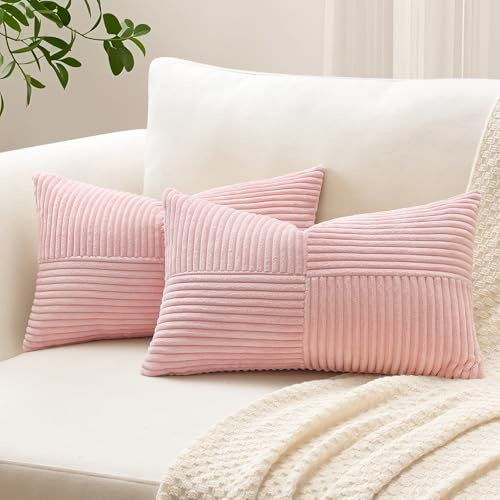 Sungeek 2er Set Cord Kissenbezüge, Kreuz Streifen Muster Kordsamt Kissenbezug Sofakissen Dekokissen Patchwork Design Deko Zierkissenbezüge Kissenhülle für Wohnzimmer (40x60cm, Rosa)